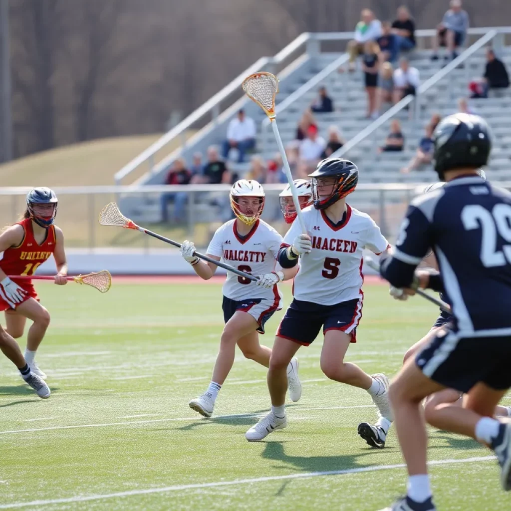 Calvert Hall players celebrating a victory in boys lacrosse.