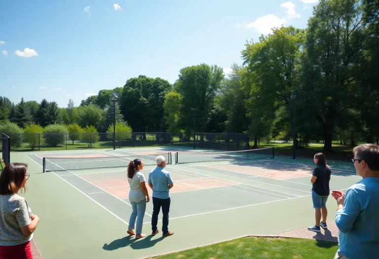 Outdoor tennis courts in Camas with community members discussing a proposal.