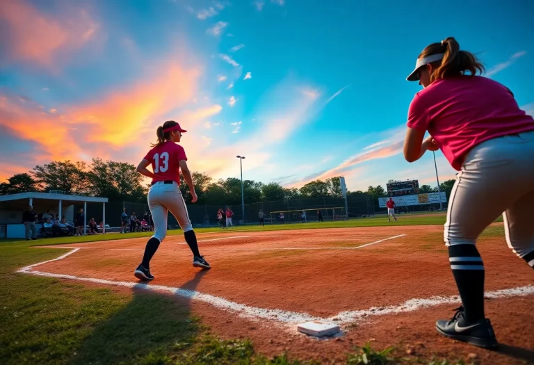 A high school softball team in action during a game.