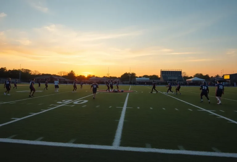 Football field at Cedar Grove High School during sunset