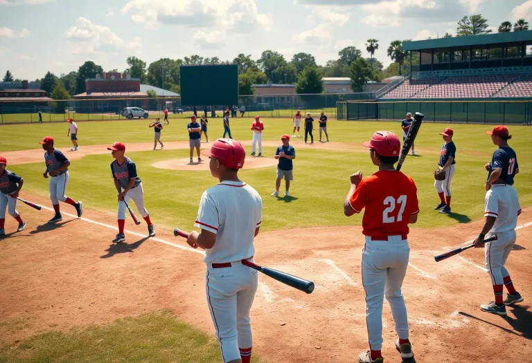 High school baseball players practicing on the field