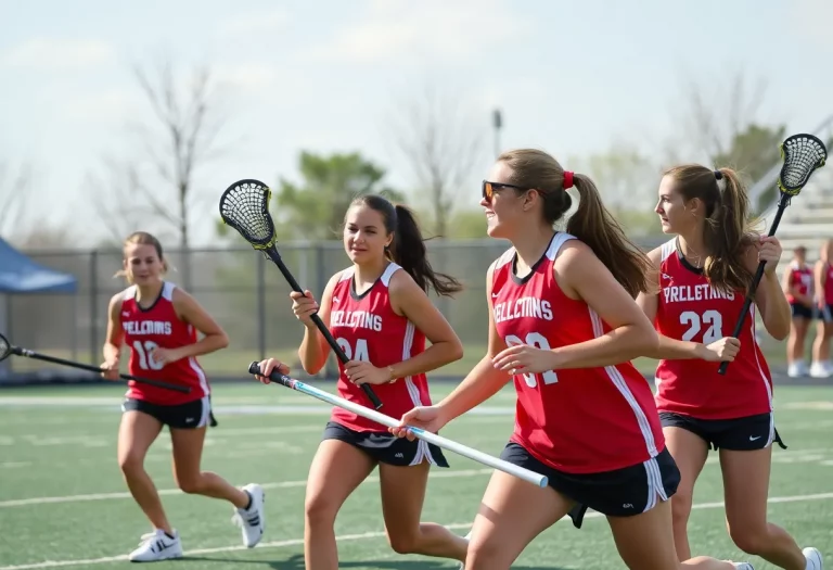 Group of female lacrosse players celebrating on the field