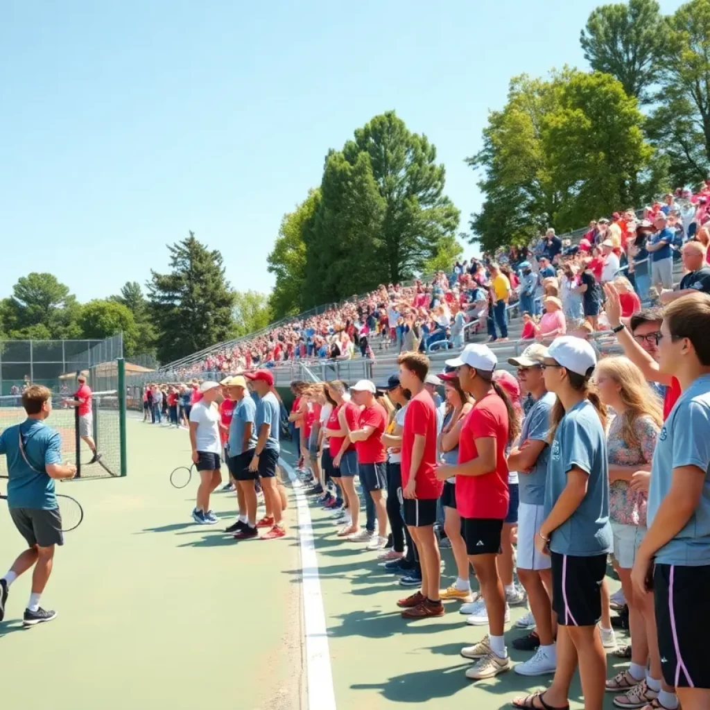 High school tennis and track teams competing with spectators cheering.