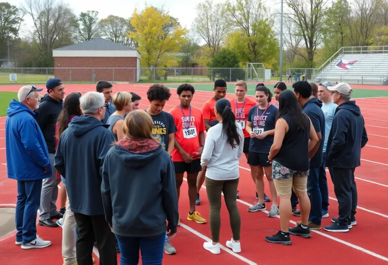 Community members at Brookville High School track field advocating for athlete safety.