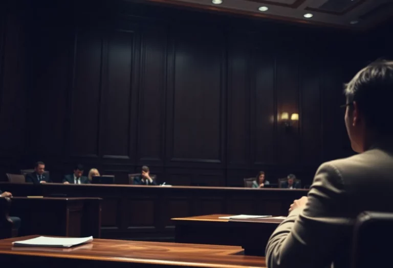 Courtroom scene depicting serious legal proceedings