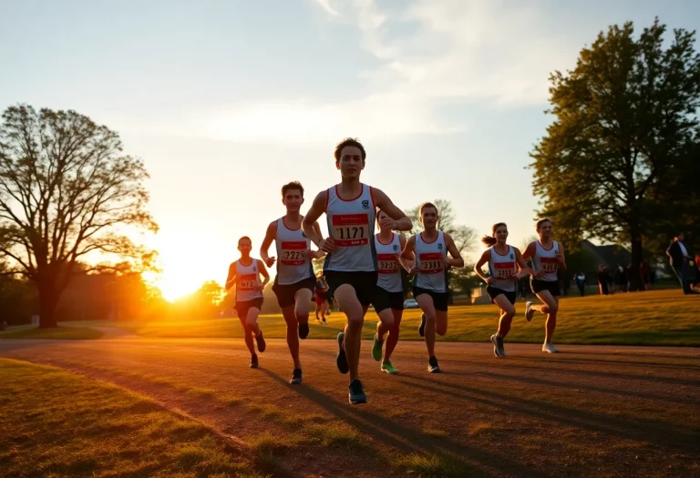 Sunset view of a cross country running scene with athletes competing.