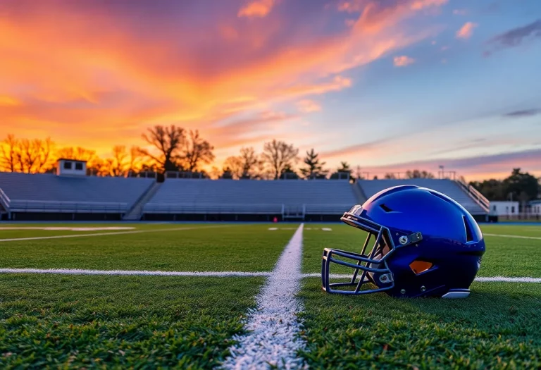 Empty football field with sunset background