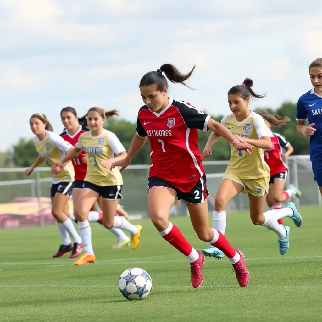 Girls high school soccer players in action during a game in Delaware