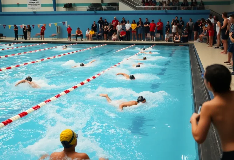 Swimmers competing in a relay at Dubuque Hempstead boys state championship