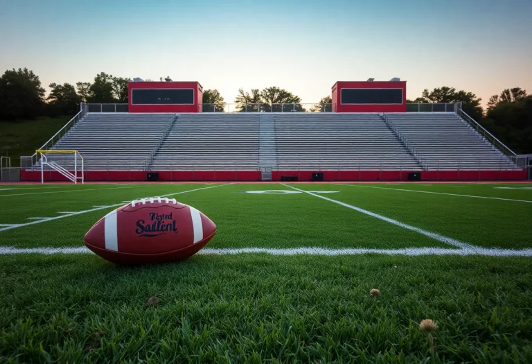 D.W. Daniel High School football field at sunset