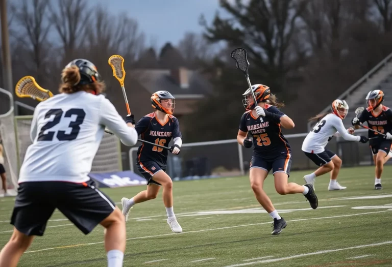 Action shot of Elizabethtown girls lacrosse players during a match.