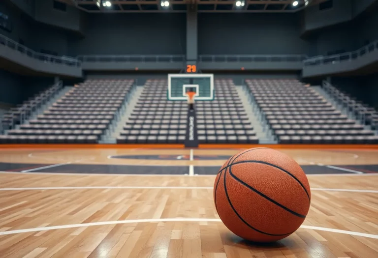 An empty basketball court with a single basketball on the ground.