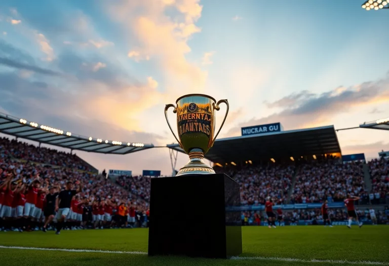 Soccer field at sunset with trophies