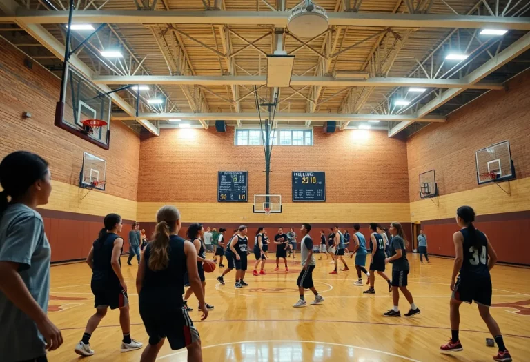 Fargo North High School basketball team practicing on a court