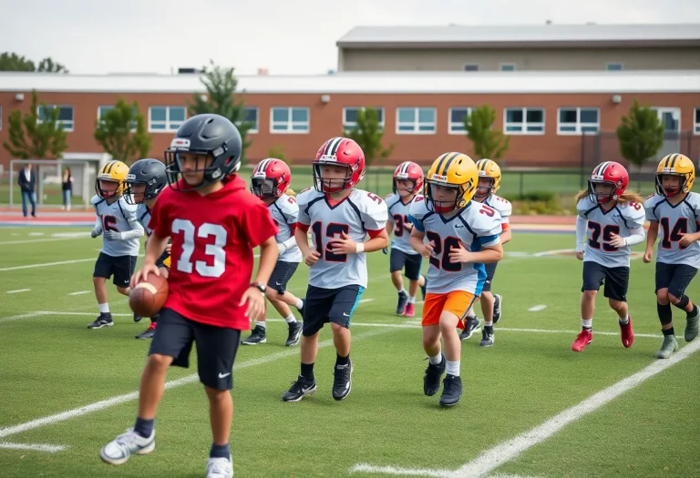 Middle school students practicing football on a field