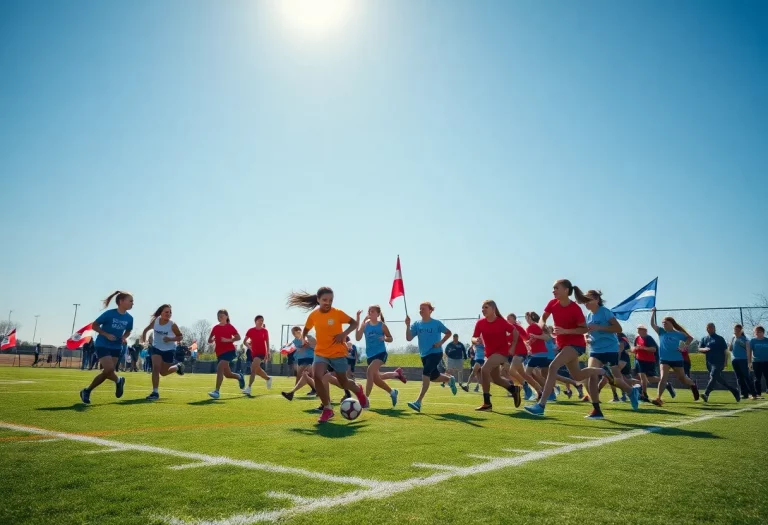 Young female athletes practicing flag football at the kickoff event