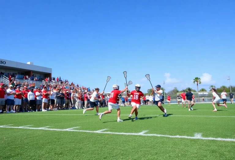 Lacrosse players in action during a game in Florida.