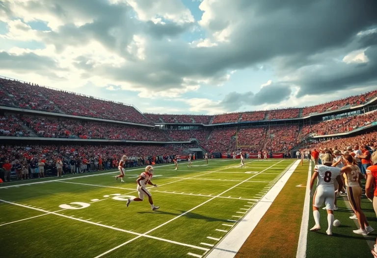 Football field with players in action and a cheering crowd.