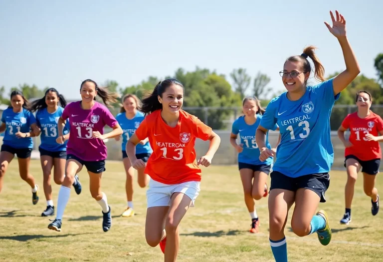 Girls flag football players displaying teamwork and excitement on the field.