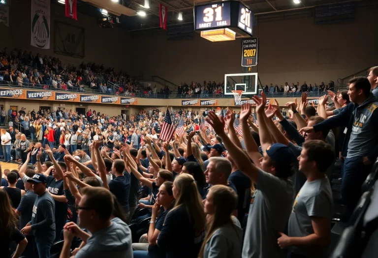 Crowd cheering for Greater Lansing basketball teams in an arena