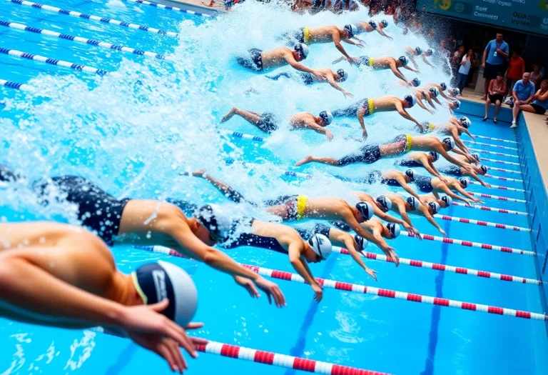 Competitive swimmers diving into the pool during a championship race.