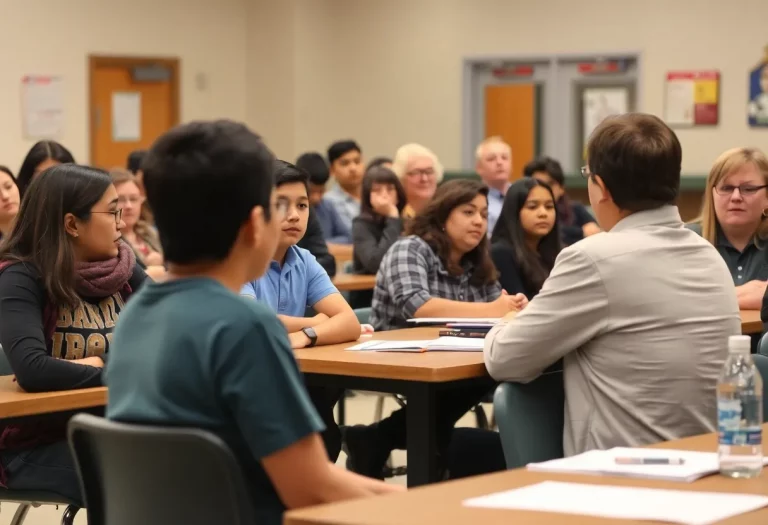 Community members discussing education and pool renovations at a school board meeting