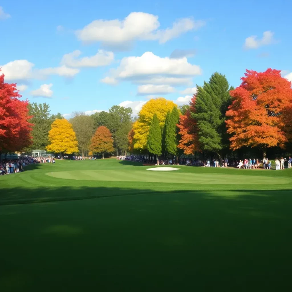 A golf course celebration with a golfer in the foreground and cheering spectators in the background.