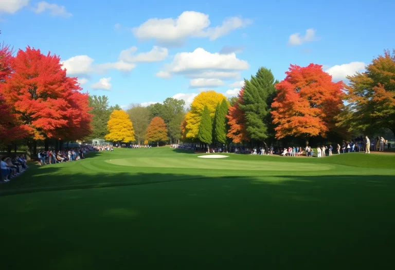 A golf course celebration with a golfer in the foreground and cheering spectators in the background.