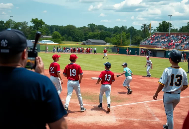 Young athletes playing baseball on a field