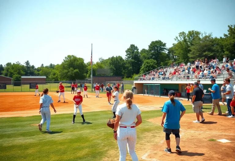 Players engaged in high school baseball and softball games with cheering fans