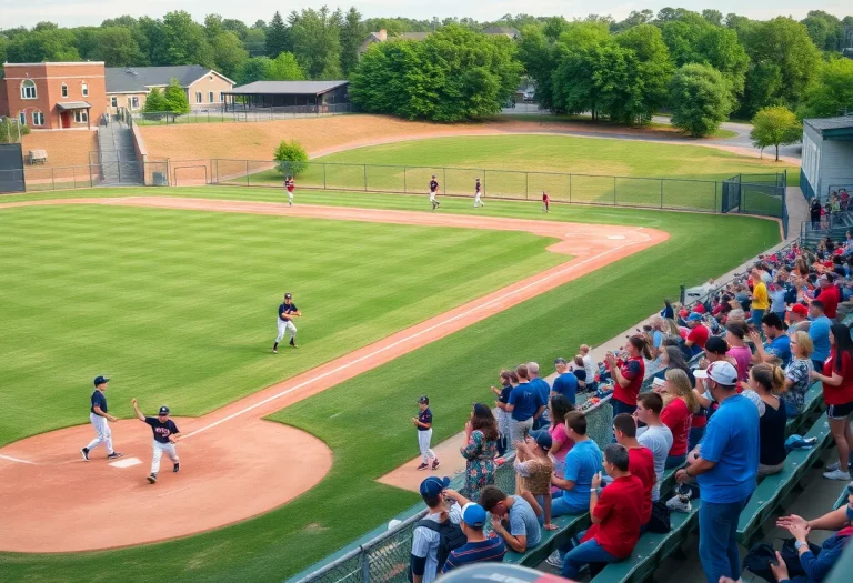 Teams warming up on a high school baseball and softball field