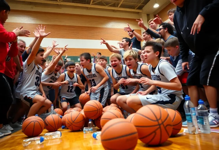 High school basketball game chaos with players and fans