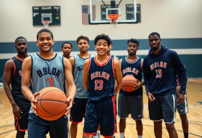 Diverse high school basketball team displaying unity and teamwork on the court.