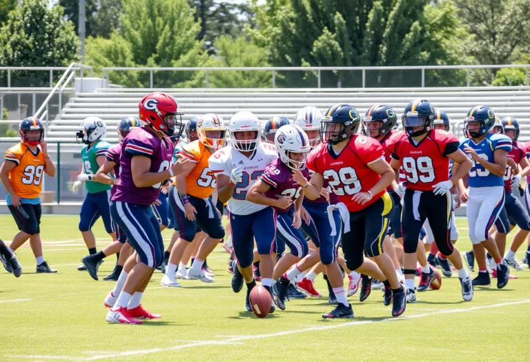 High school football teams practicing on a sunny field