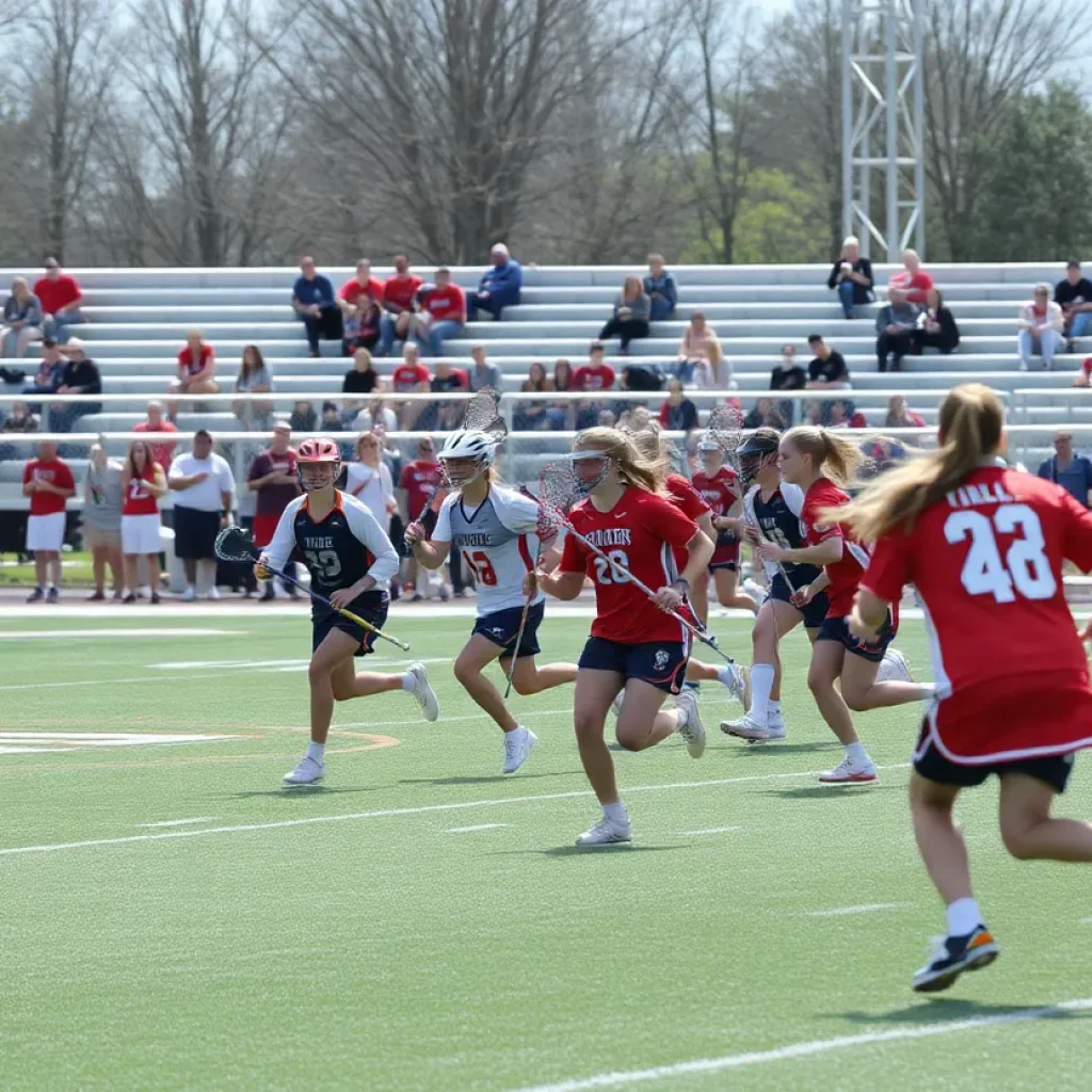 High school lacrosse players competing in a lively game.