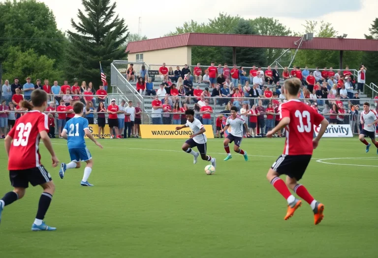 Action-packed high school soccer match with players on the field and fans in the stands.