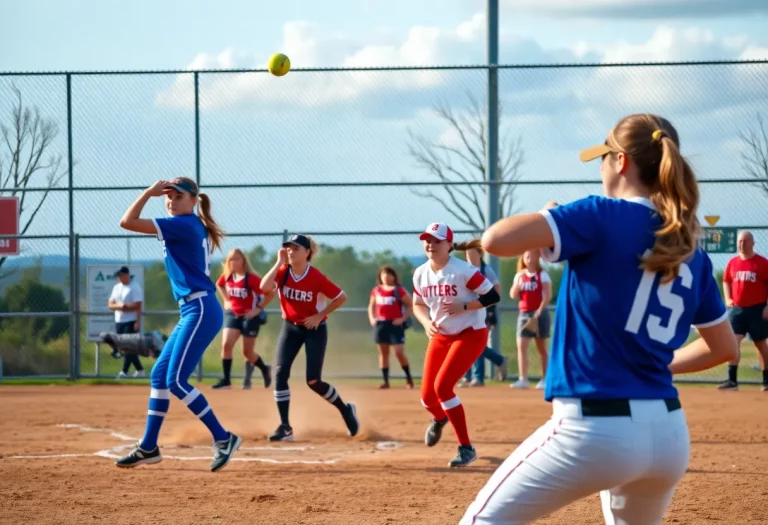 High school softball players competing in a game