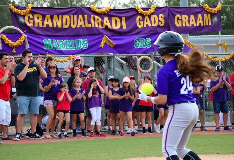 High school softball players competing during Mardi Gras celebrations.