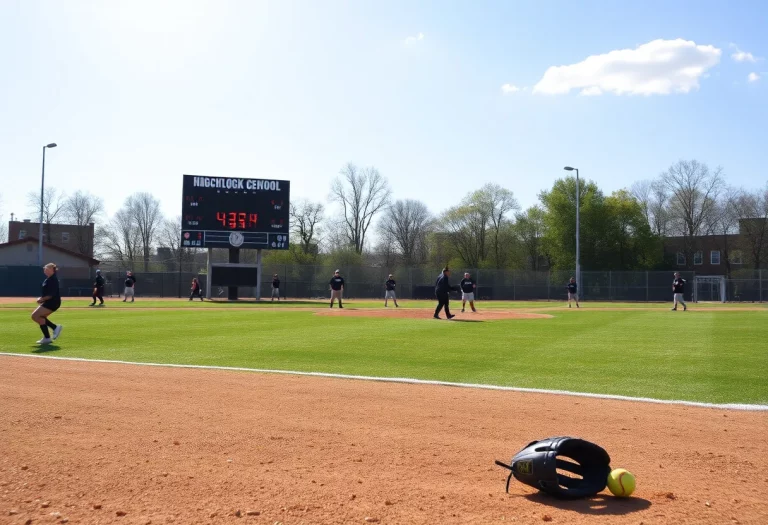 High school softball players practicing on the field