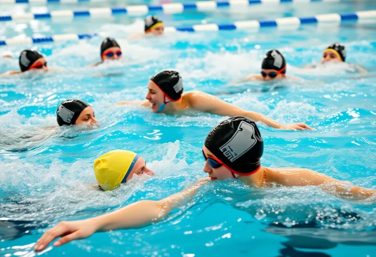 Swimmers competing in a high school swimming meet