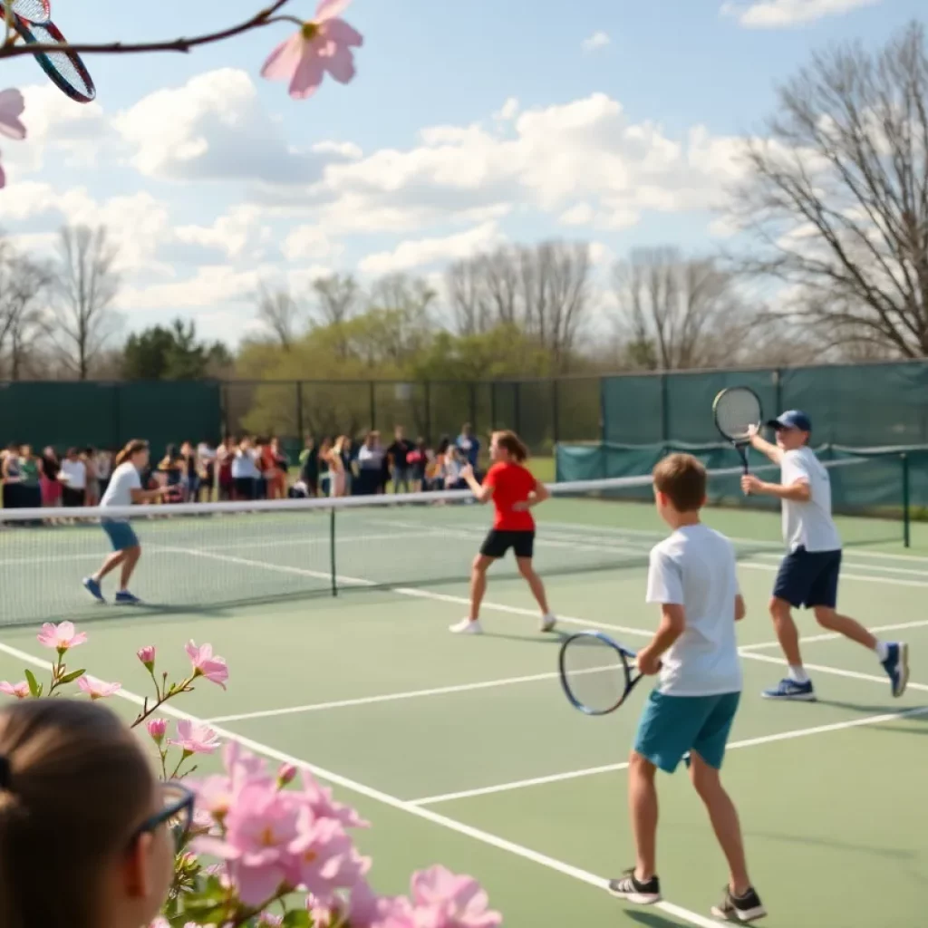 Boys tennis teams competing in a lively spring match