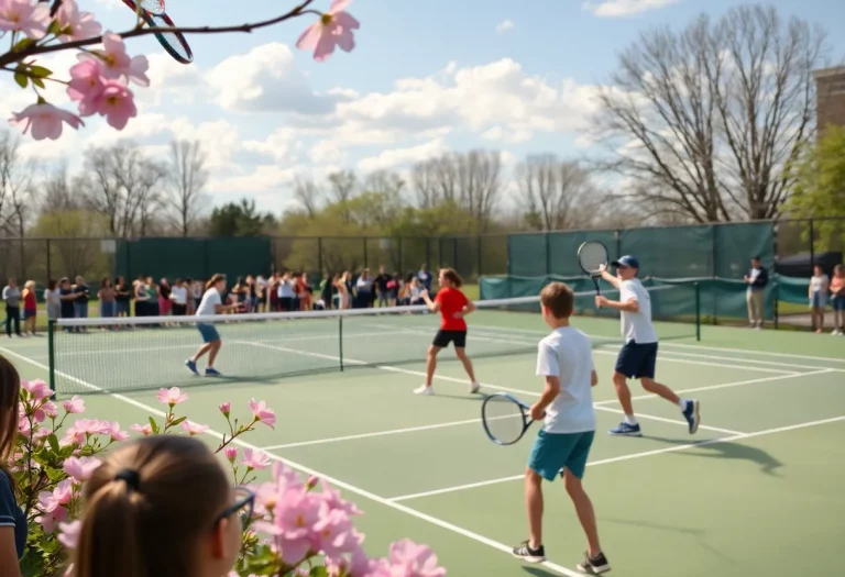 Boys tennis teams competing in a lively spring match