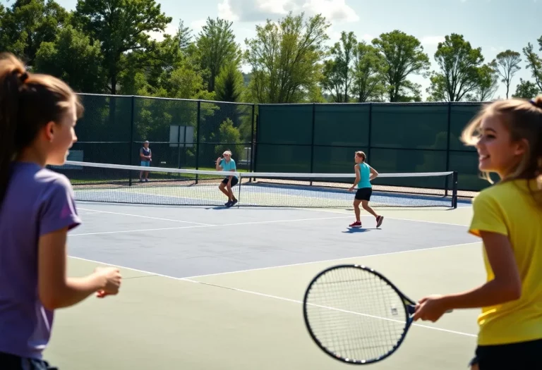 High school tennis players competing in a match