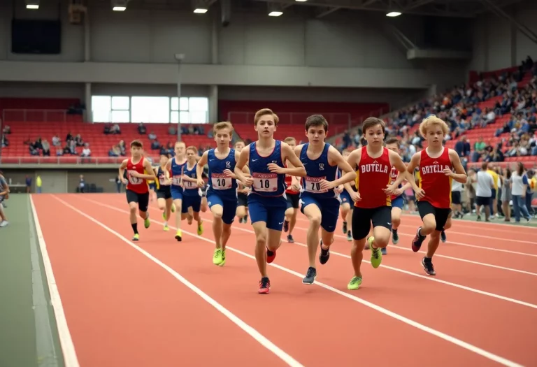 High school athletes competing in a relay race indoors