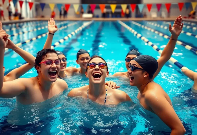 Hinsdale Central Boys Swim Team celebrating their record-breaking achievement