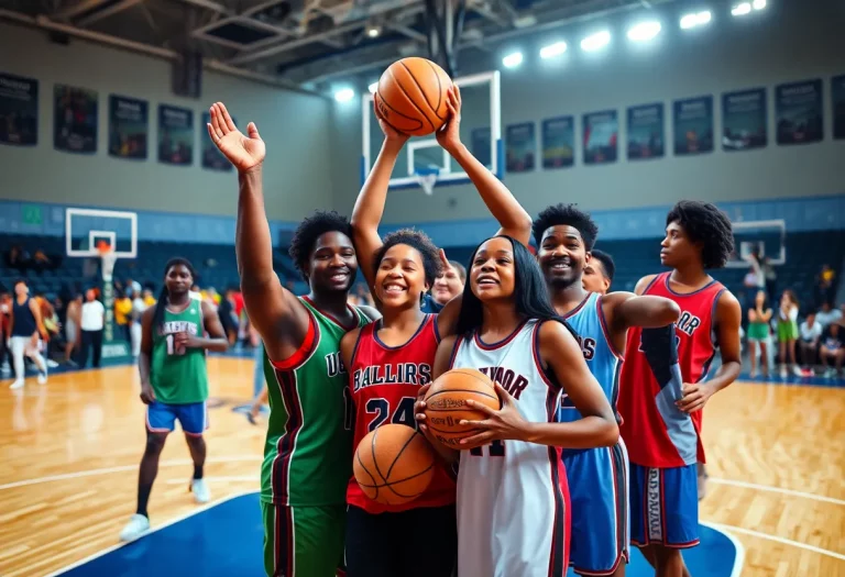 Celebration of a female athlete scoring in NCAA basketball.