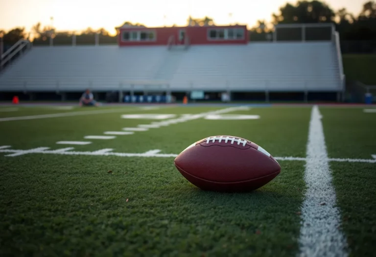 Empty Hoover High School football field at sunset