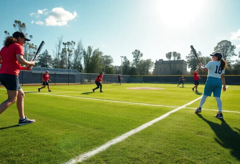 High school softball field with teams practicing