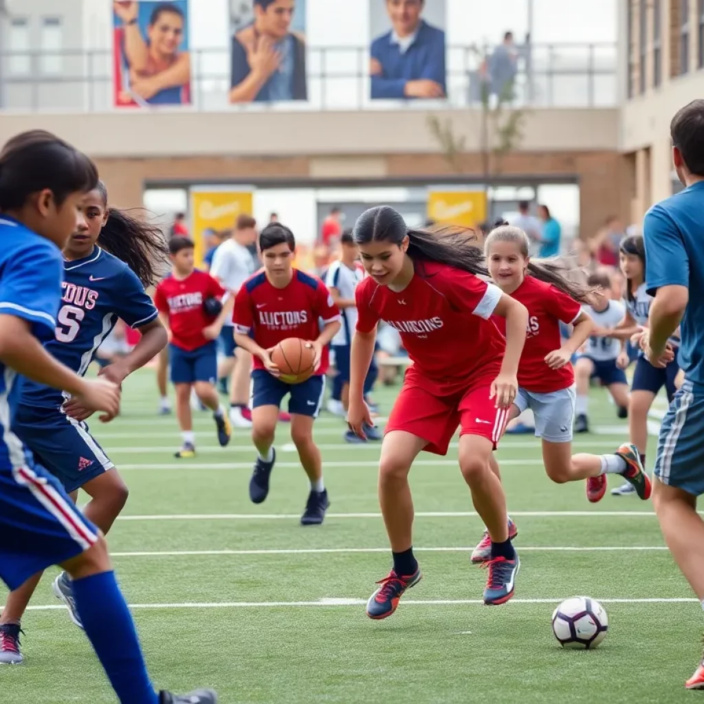 High school athletes engaged in sports amidst a school setting