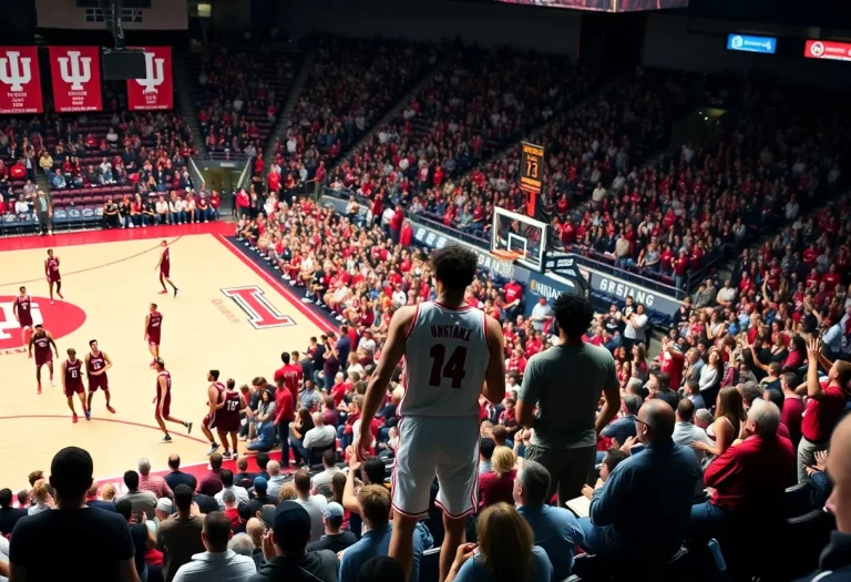 Players in action during a college basketball game with Indiana fans in the background.